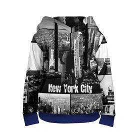 Детская толстовка 3D с принтом Улицы Нью-Йорка в Петрозаводске, 100% полиэстер | двухслойный капюшон со шнурком для регулировки, мягкие манжеты на рукавах и по низу толстовки, спереди карман-кенгуру с мягким внутренним слоем | Тематика изображения на принте: city | collage | houses | new york | skyscrapers | streets | usa | город | дома | коллаж | нью йорка | сша | улицы