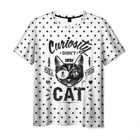 Мужская футболка 3D с принтом Curiosity Cat в Петрозаводске, 100% полиэфир | прямой крой, круглый вырез горловины, длина до линии бедер | animal | beast | cat | feline | gangsta | kill | king | kitty | meow | nature | гангстер | животное | зверь | король | кот | котенок | котик | кошка | мяу | природа
