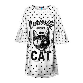 Детское платье 3D с принтом Curiosity Cat в Петрозаводске, 100% полиэстер | прямой силуэт, чуть расширенный к низу. Круглая горловина, на рукавах — воланы | animal | beast | cat | feline | gangsta | kill | king | kitty | meow | nature | гангстер | животное | зверь | король | кот | котенок | котик | кошка | мяу | природа