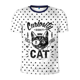 Мужская футболка 3D спортивная с принтом Curiosity Cat в Петрозаводске, 100% полиэстер с улучшенными характеристиками | приталенный силуэт, круглая горловина, широкие плечи, сужается к линии бедра | animal | beast | cat | feline | gangsta | kill | king | kitty | meow | nature | гангстер | животное | зверь | король | кот | котенок | котик | кошка | мяу | природа