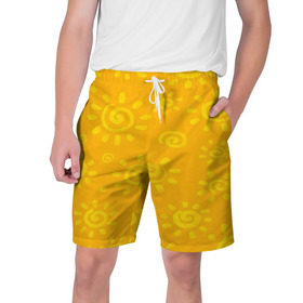 Мужские шорты 3D с принтом Солнышко в Петрозаводске,  полиэстер 100% | прямой крой, два кармана без застежек по бокам. Мягкая трикотажная резинка на поясе, внутри которой широкие завязки. Длина чуть выше колен | желтый | паттерн | солнце | яркий