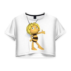 Женская футболка 3D укороченная с принтом Пчелка Майя в Петрозаводске, 100% полиэстер | круглая горловина, длина футболки до линии талии, рукава с отворотами | пчелка майя