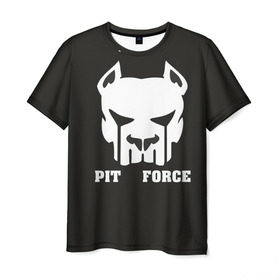 Мужская футболка 3D с принтом Pit Force в Петрозаводске, 100% полиэфир | прямой крой, круглый вырез горловины, длина до линии бедер | pit force | белый | боец | друг человека | животные | питбуль | порода | собака | цвет | чёрный