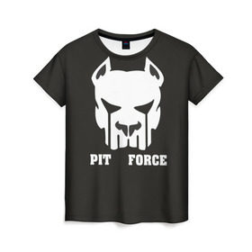 Женская футболка 3D с принтом Pit Force в Петрозаводске, 100% полиэфир ( синтетическое хлопкоподобное полотно) | прямой крой, круглый вырез горловины, длина до линии бедер | Тематика изображения на принте: pit force | белый | боец | друг человека | животные | питбуль | порода | собака | цвет | чёрный
