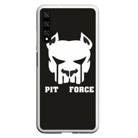 Чехол для Honor 20 с принтом Pit Force в Петрозаводске, Силикон | Область печати: задняя сторона чехла, без боковых панелей | Тематика изображения на принте: pit force | белый | боец | друг человека | животные | питбуль | порода | собака | цвет | чёрный