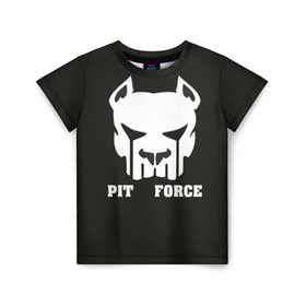 Детская футболка 3D с принтом Pit Force в Петрозаводске, 100% гипоаллергенный полиэфир | прямой крой, круглый вырез горловины, длина до линии бедер, чуть спущенное плечо, ткань немного тянется | pit force | белый | боец | друг человека | животные | питбуль | порода | собака | цвет | чёрный