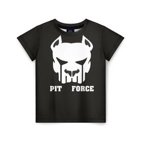 Детская футболка 3D с принтом Pit Force в Петрозаводске, 100% гипоаллергенный полиэфир | прямой крой, круглый вырез горловины, длина до линии бедер, чуть спущенное плечо, ткань немного тянется | Тематика изображения на принте: pit force | белый | боец | друг человека | животные | питбуль | порода | собака | цвет | чёрный