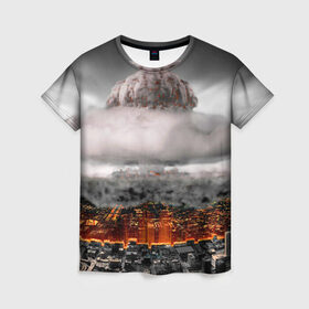 Женская футболка 3D с принтом Атомный взрыв в Петрозаводске, 100% полиэфир ( синтетическое хлопкоподобное полотно) | прямой крой, круглый вырез горловины, длина до линии бедер | city | earth | explosion | heaven | mushroom | nuclear | атомный | взрыв | город | гриб | земля | небо