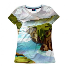 Женская футболка 3D с принтом Горная река в Петрозаводске, 100% полиэфир ( синтетическое хлопкоподобное полотно) | прямой крой, круглый вырез горловины, длина до линии бедер | пейзаж | яркий