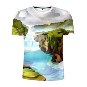 Мужская футболка 3D спортивная с принтом Горная река в Петрозаводске, 100% полиэстер с улучшенными характеристиками | приталенный силуэт, круглая горловина, широкие плечи, сужается к линии бедра | пейзаж | яркий