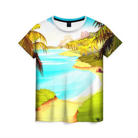Женская футболка 3D с принтом Тропический остров в Петрозаводске, 100% полиэфир ( синтетическое хлопкоподобное полотно) | прямой крой, круглый вырез горловины, длина до линии бедер | jungle | деревья | джунгли | зелень | кусты | лес | лодки | мох | океан | пальмы | пляж | тропики | экзотика