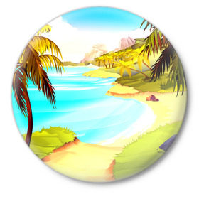 Значок с принтом Тропический остров в Петрозаводске,  металл | круглая форма, металлическая застежка в виде булавки | jungle | деревья | джунгли | зелень | кусты | лес | лодки | мох | океан | пальмы | пляж | тропики | экзотика