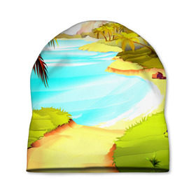 Шапка 3D с принтом Тропический остров в Петрозаводске, 100% полиэстер | универсальный размер, печать по всей поверхности изделия | jungle | деревья | джунгли | зелень | кусты | лес | лодки | мох | океан | пальмы | пляж | тропики | экзотика