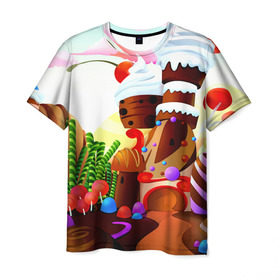 Мужская футболка 3D с принтом Candy Town в Петрозаводске, 100% полиэфир | прямой крой, круглый вырез горловины, длина до линии бедер | Тематика изображения на принте: конфеты | пирожные | сладости | яркий