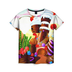 Женская футболка 3D с принтом Candy Town в Петрозаводске, 100% полиэфир ( синтетическое хлопкоподобное полотно) | прямой крой, круглый вырез горловины, длина до линии бедер | конфеты | пирожные | сладости | яркий