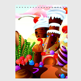 Скетчбук с принтом Candy Town в Петрозаводске, 100% бумага
 | 48 листов, плотность листов — 100 г/м2, плотность картонной обложки — 250 г/м2. Листы скреплены сверху удобной пружинной спиралью | конфеты | пирожные | сладости | яркий