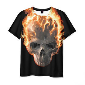 Мужская футболка 3D с принтом Череп в огне в Петрозаводске, 100% полиэфир | прямой крой, круглый вырез горловины, длина до линии бедер | background | black | death | fire | flame | skeleton | skull | огонь | пламя | скелет | фон | череп | черный