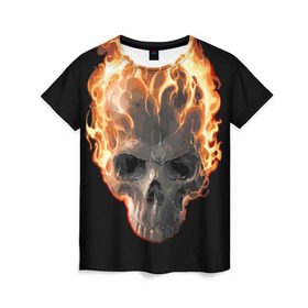Женская футболка 3D с принтом Череп в огне в Петрозаводске, 100% полиэфир ( синтетическое хлопкоподобное полотно) | прямой крой, круглый вырез горловины, длина до линии бедер | background | black | death | fire | flame | skeleton | skull | огонь | пламя | скелет | фон | череп | черный
