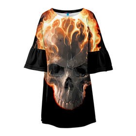 Детское платье 3D с принтом Череп в огне в Петрозаводске, 100% полиэстер | прямой силуэт, чуть расширенный к низу. Круглая горловина, на рукавах — воланы | background | black | death | fire | flame | skeleton | skull | огонь | пламя | скелет | фон | череп | черный
