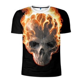 Мужская футболка 3D спортивная с принтом Череп в огне в Петрозаводске, 100% полиэстер с улучшенными характеристиками | приталенный силуэт, круглая горловина, широкие плечи, сужается к линии бедра | Тематика изображения на принте: background | black | death | fire | flame | skeleton | skull | огонь | пламя | скелет | фон | череп | черный