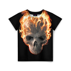 Детская футболка 3D с принтом Череп в огне в Петрозаводске, 100% гипоаллергенный полиэфир | прямой крой, круглый вырез горловины, длина до линии бедер, чуть спущенное плечо, ткань немного тянется | background | black | death | fire | flame | skeleton | skull | огонь | пламя | скелет | фон | череп | черный