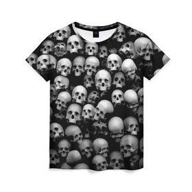 Женская футболка 3D с принтом Черепа в Петрозаводске, 100% полиэфир ( синтетическое хлопкоподобное полотно) | прямой крой, круглый вырез горловины, длина до линии бедер | background | black | death | skeletons | skull | скелеты | фон | черепа | черный