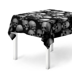 Скатерть 3D с принтом Черепа в Петрозаводске, 100% полиэстер (ткань не мнется и не растягивается) | Размер: 150*150 см | background | black | death | skeletons | skull | скелеты | фон | черепа | черный