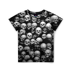 Детская футболка 3D с принтом Черепа в Петрозаводске, 100% гипоаллергенный полиэфир | прямой крой, круглый вырез горловины, длина до линии бедер, чуть спущенное плечо, ткань немного тянется | background | black | death | skeletons | skull | скелеты | фон | черепа | черный