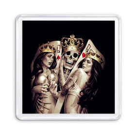 Магнит 55*55 с принтом Скелетоны в Петрозаводске, Пластик | Размер: 65*65 мм; Размер печати: 55*55 мм | background | black | cards | color | crown | death | game | girl | hearts | king | queen | skeleton | skull | spades | tattoo | девушки | игра | карты | королевы | король | короны | масть | пики | скелет | тату | фон | черви 