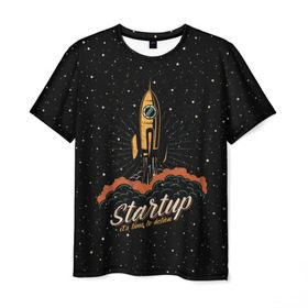 Мужская футболка 3D с принтом Startup Space в Петрозаводске, 100% полиэфир | прямой крой, круглый вырез горловины, длина до линии бедер | cosmos | galaxy | planet | rocket | space | star | взлет | галактика | звезды | корабль | космос | планета | ракета