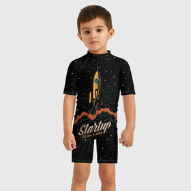 Детский купальный костюм 3D с принтом Startup Space в Петрозаводске, Полиэстер 85%, Спандекс 15% | застежка на молнии на спине | Тематика изображения на принте: cosmos | galaxy | planet | rocket | space | star | взлет | галактика | звезды | корабль | космос | планета | ракета