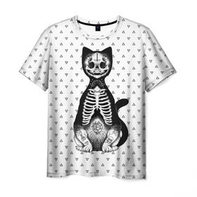 Мужская футболка 3D с принтом Готический кот в Петрозаводске, 100% полиэфир | прямой крой, круглый вырез горловины, длина до линии бедер | bone | cat | death | feline | gothic | hipster | kitty | meow | skelet | skull | tatoo | готика | кости | кот | котенок | котик | кошка | мяу | скелет | тату | хипстер | череп