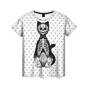 Женская футболка 3D с принтом Готический кот в Петрозаводске, 100% полиэфир ( синтетическое хлопкоподобное полотно) | прямой крой, круглый вырез горловины, длина до линии бедер | bone | cat | death | feline | gothic | hipster | kitty | meow | skelet | skull | tatoo | готика | кости | кот | котенок | котик | кошка | мяу | скелет | тату | хипстер | череп