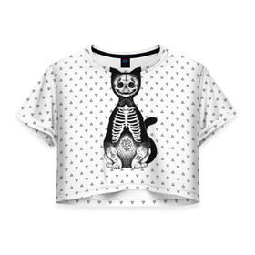 Женская футболка 3D укороченная с принтом Готический кот в Петрозаводске, 100% полиэстер | круглая горловина, длина футболки до линии талии, рукава с отворотами | bone | cat | death | feline | gothic | hipster | kitty | meow | skelet | skull | tatoo | готика | кости | кот | котенок | котик | кошка | мяу | скелет | тату | хипстер | череп