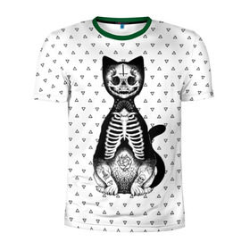 Мужская футболка 3D спортивная с принтом Готический кот в Петрозаводске, 100% полиэстер с улучшенными характеристиками | приталенный силуэт, круглая горловина, широкие плечи, сужается к линии бедра | bone | cat | death | feline | gothic | hipster | kitty | meow | skelet | skull | tatoo | готика | кости | кот | котенок | котик | кошка | мяу | скелет | тату | хипстер | череп