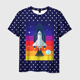 Мужская футболка 3D с принтом Запуск ракеты в Петрозаводске, 100% полиэфир | прямой крой, круглый вырез горловины, длина до линии бедер | cosmos | galaxy | moon | planet | rocket | space | star | галактика | звезды | космос | луна | планета | ракета | шатл