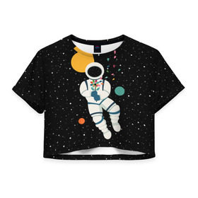 Женская футболка 3D укороченная с принтом Космический романтик в Петрозаводске, 100% полиэстер | круглая горловина, длина футболки до линии талии, рукава с отворотами | astronaut | cosmonaut | cosmos | galaxy | moon | planet | space | star | астронавт | галактика | звезды | космонавт | космос | луна | планета | скафандр