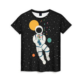 Женская футболка 3D с принтом Космический романтик в Петрозаводске, 100% полиэфир ( синтетическое хлопкоподобное полотно) | прямой крой, круглый вырез горловины, длина до линии бедер | astronaut | cosmonaut | cosmos | galaxy | moon | planet | space | star | астронавт | галактика | звезды | космонавт | космос | луна | планета | скафандр