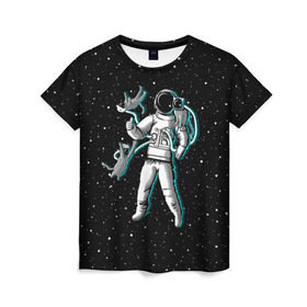 Женская футболка 3D с принтом Космонавт с котами в Петрозаводске, 100% полиэфир ( синтетическое хлопкоподобное полотно) | прямой крой, круглый вырез горловины, длина до линии бедер | astronaut | cat | cosmonaut | cosmos | galaxy | kitty | planet | space | star | астронавт | галактика | звезды | космонавт | космос | кот | кошка | планета | скафандр