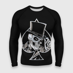 Мужской рашгард 3D с принтом Скелетон в Петрозаводске,  |  | background | black | card | cylinder | death | game | hat | skeleton | skull | spades | suit | игра | карты | масть | пики | скелет | фон | цилиндр | череп | черный | шляпа