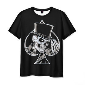 Мужская футболка 3D с принтом Скелетон в Петрозаводске, 100% полиэфир | прямой крой, круглый вырез горловины, длина до линии бедер | background | black | card | cylinder | death | game | hat | skeleton | skull | spades | suit | игра | карты | масть | пики | скелет | фон | цилиндр | череп | черный | шляпа