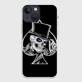 Чехол для iPhone 13 mini с принтом Скелетон в Петрозаводске,  |  | background | black | card | cylinder | death | game | hat | skeleton | skull | spades | suit | игра | карты | масть | пики | скелет | фон | цилиндр | череп | черный | шляпа