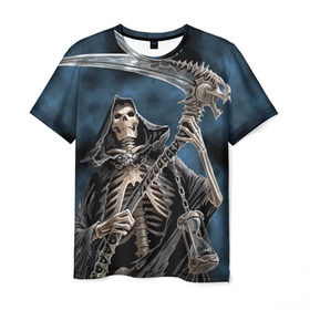 Мужская футболка 3D с принтом Скелетон в Петрозаводске, 100% полиэфир | прямой крой, круглый вырез горловины, длина до линии бедер | Тематика изображения на принте: death | skeleton | skull | капюшон | коса | скелет | череп