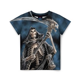 Детская футболка 3D с принтом Скелетон в Петрозаводске, 100% гипоаллергенный полиэфир | прямой крой, круглый вырез горловины, длина до линии бедер, чуть спущенное плечо, ткань немного тянется | death | skeleton | skull | капюшон | коса | скелет | череп
