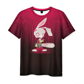 Мужская футболка 3D с принтом Заяц с бензопилой в Петрозаводске, 100% полиэфир | прямой крой, круглый вырез горловины, длина до линии бедер | бензопила | девушке | зайка | заяц | красная | мульт | мультфильм | прикол | ужас | цветы