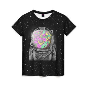 Женская футболка 3D с принтом Цветочный астонавт в Петрозаводске, 100% полиэфир ( синтетическое хлопкоподобное полотно) | прямой крой, круглый вырез горловины, длина до линии бедер | astronaut | cosmonaut | cosmos | galaxy | planet | space | star | астронавт | галактика | звезды | космонавт | космос | планета | скафандр | цветы