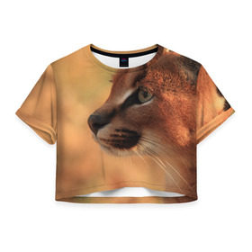 Женская футболка 3D укороченная с принтом Рысь в Петрозаводске, 100% полиэстер | круглая горловина, длина футболки до линии талии, рукава с отворотами | амурский | животные | киса | кот | котенок | кошка | пума | рысь | серый | тигр | хищник