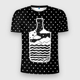 Мужская футболка 3D спортивная с принтом Эликсир природы в Петрозаводске, 100% полиэстер с улучшенными характеристиками | приталенный силуэт, круглая горловина, широкие плечи, сужается к линии бедра | beach | bottle | drink | elixir | nature | ocean | sea | sky | бутылка | коктейль | море | напиток | небо | океан | песок | пляж | природа | эликсир