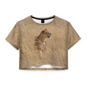 Женская футболка 3D укороченная с принтом Львица в траве в Петрозаводске, 100% полиэстер | круглая горловина, длина футболки до линии талии, рукава с отворотами | амурский | животные | киса | кот | котенок | кошка | лев | львица | пума | рысь | серый | тигр | хищник