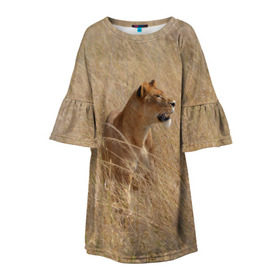 Детское платье 3D с принтом Львица в траве в Петрозаводске, 100% полиэстер | прямой силуэт, чуть расширенный к низу. Круглая горловина, на рукавах — воланы | амурский | животные | киса | кот | котенок | кошка | лев | львица | пума | рысь | серый | тигр | хищник